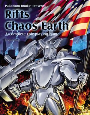 Rifts Chaos Earth RPG Bonus Hardcover, a glitter boy in front of the American Flag