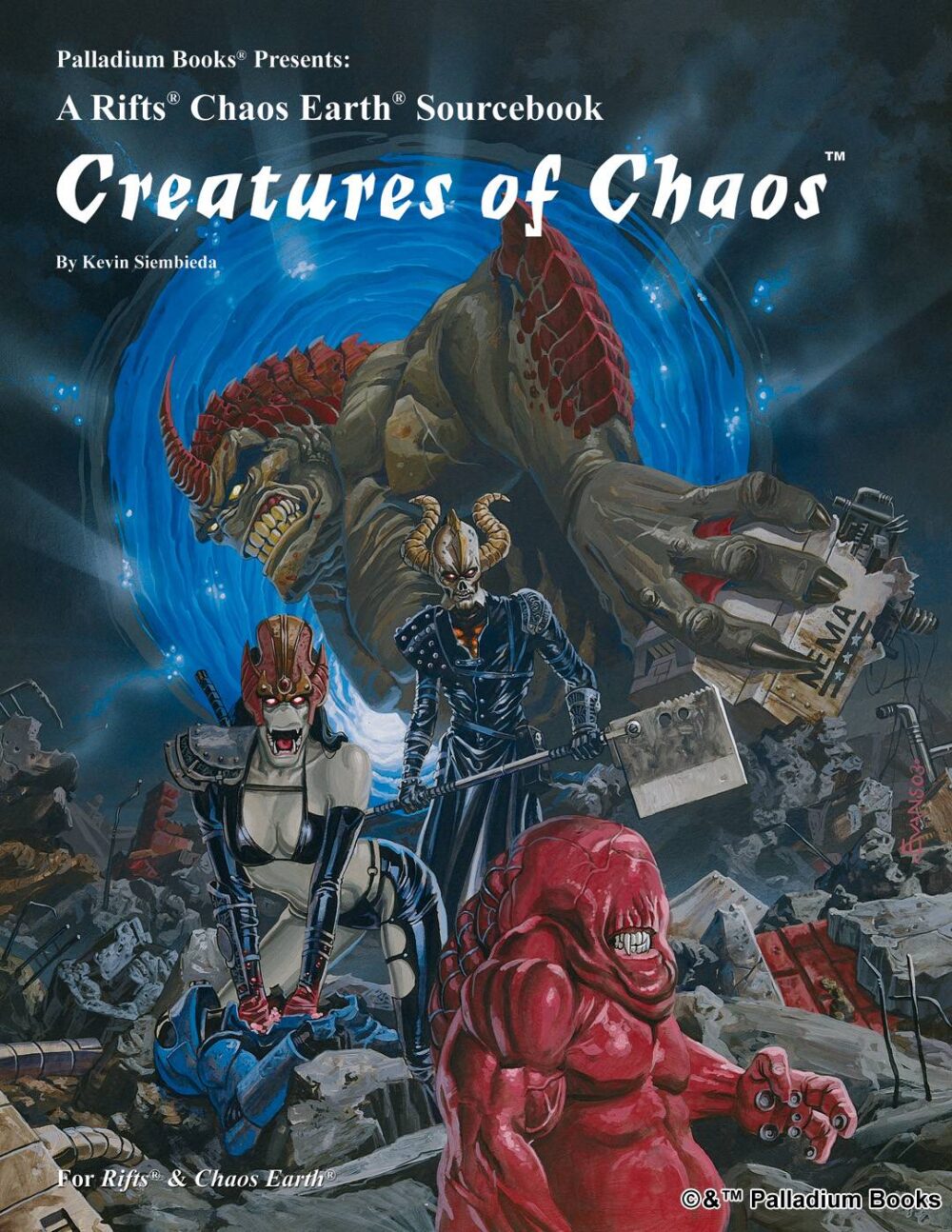 the cover for Rifts Chaos Earth, Creatures of Chaos, shows a number of horrific creatures and hellish beings getting ready to jump through a rift