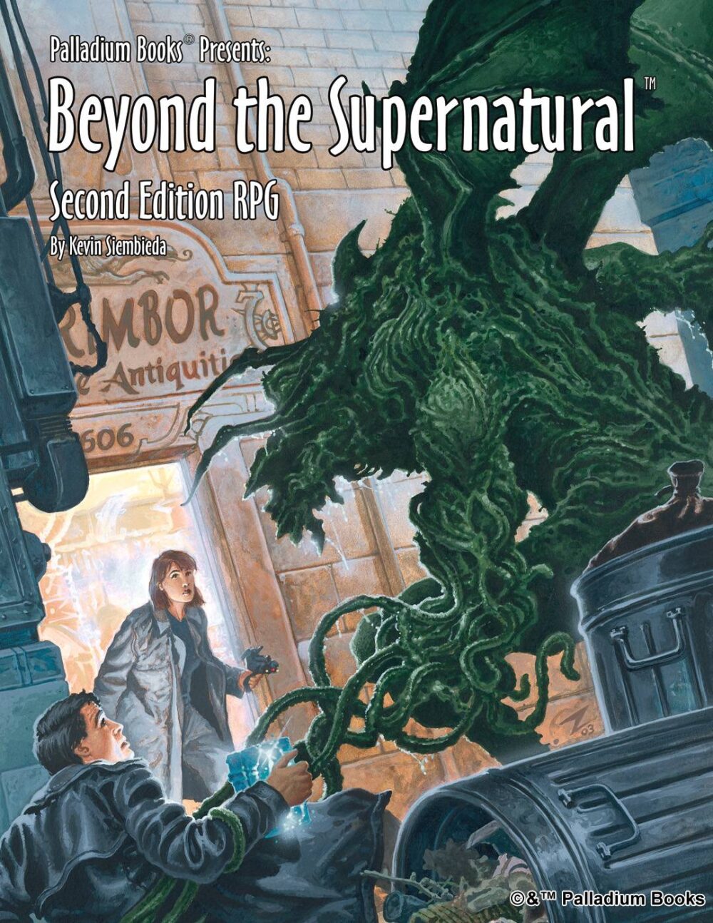 the cover for Beyond the Supernatural, shows a woman walking through a doorway, surprised to see a large green monster