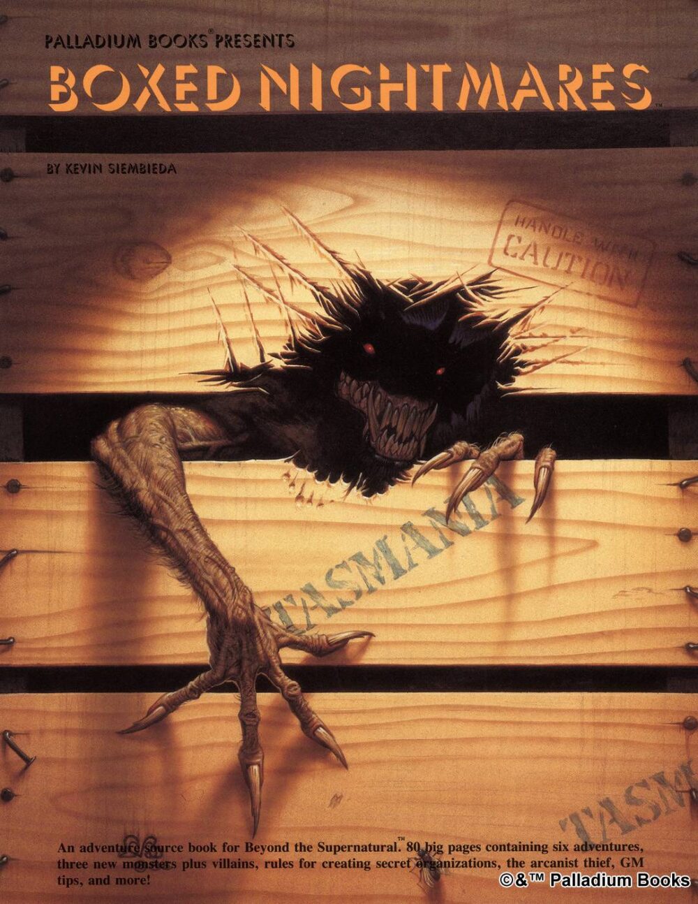 the cover for Beyond the Supernatural, Boxed Nightmares, shows a demonic creature breaking out of a wooden crate