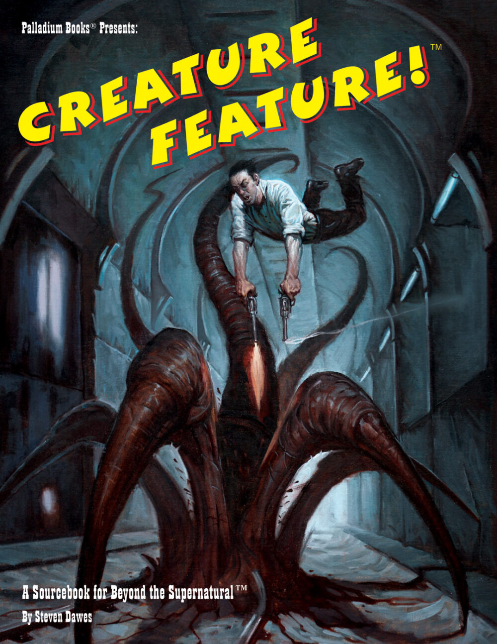 The beyond the supernatural creature feature cover, shows a man firing guns while jumping into the maw of a tentacle monster that's trying to escape the sewers