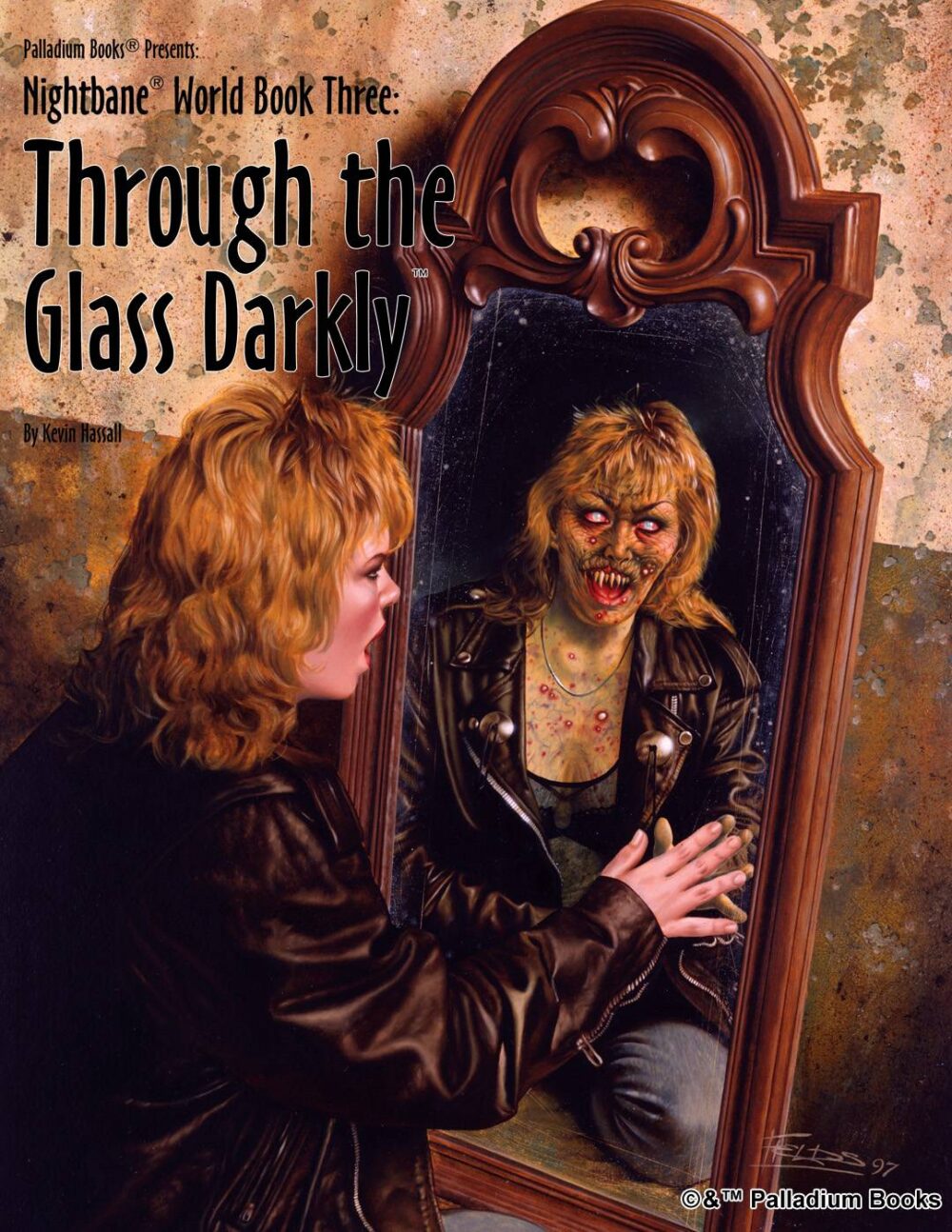 the cover for Nightbane: Through the Glass Darkly, shows a woman looking into a mirror and her reflection is a version of herself that is corrupted and ugly