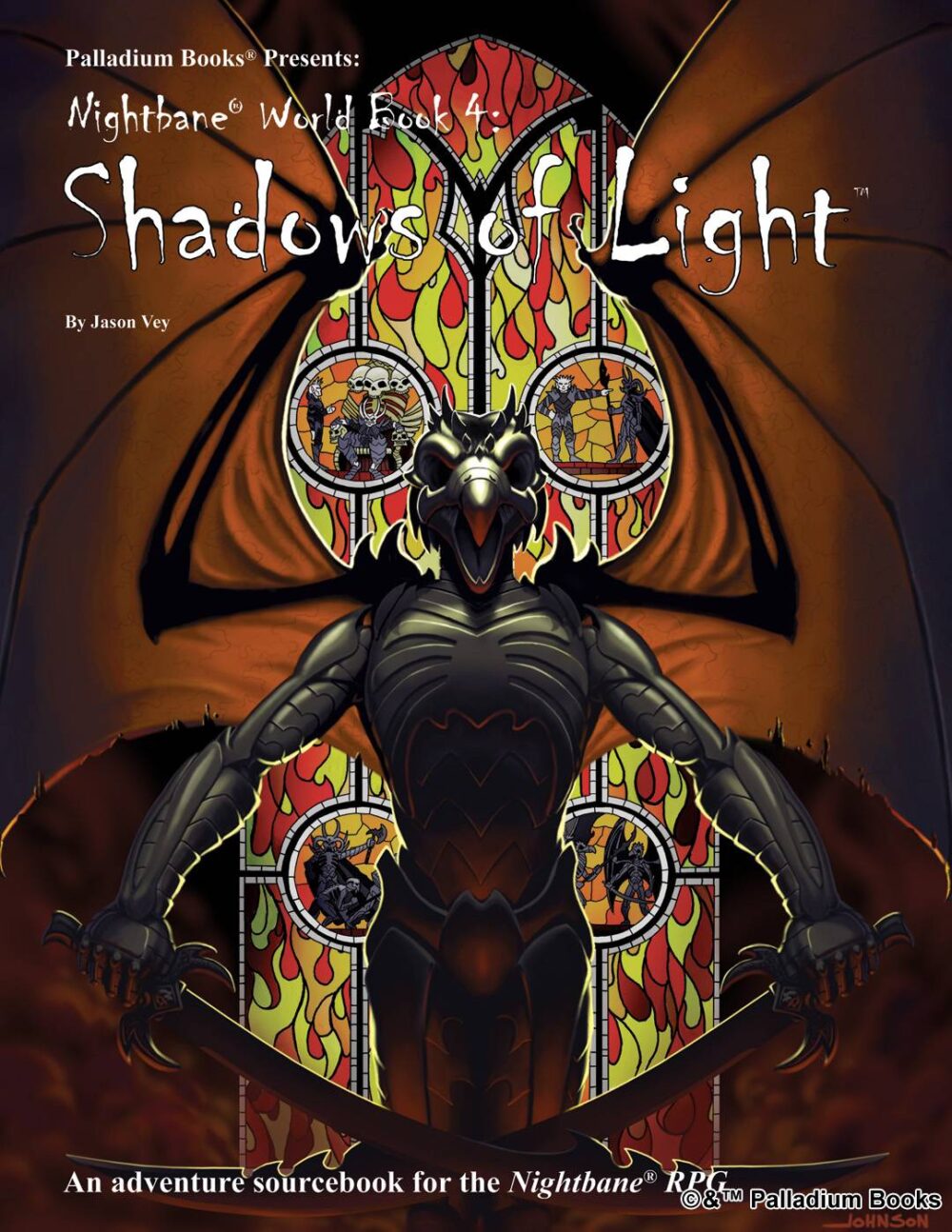 the cover for Nightbane Shadows of Light, shows a shadowlands hunter in front of a stain glassed window