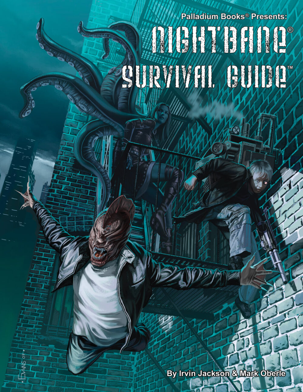 the cover of the Nightbane Survival Guide that shows a nightbane with octopus tentacles coming out of her back, a nightbane in a leather jacket, white t-shirt and jeans jumping through the air, and a third nightbane that looks like a kid with white hair and a glowing eye