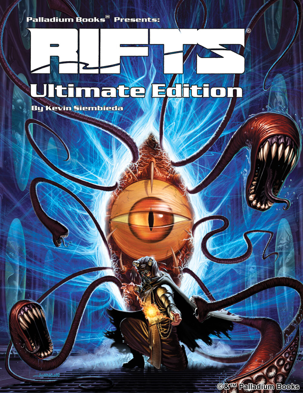 The cover of Rifts Ultimate Edition, shows a ley line walker summoning an alien intelligence through a rift