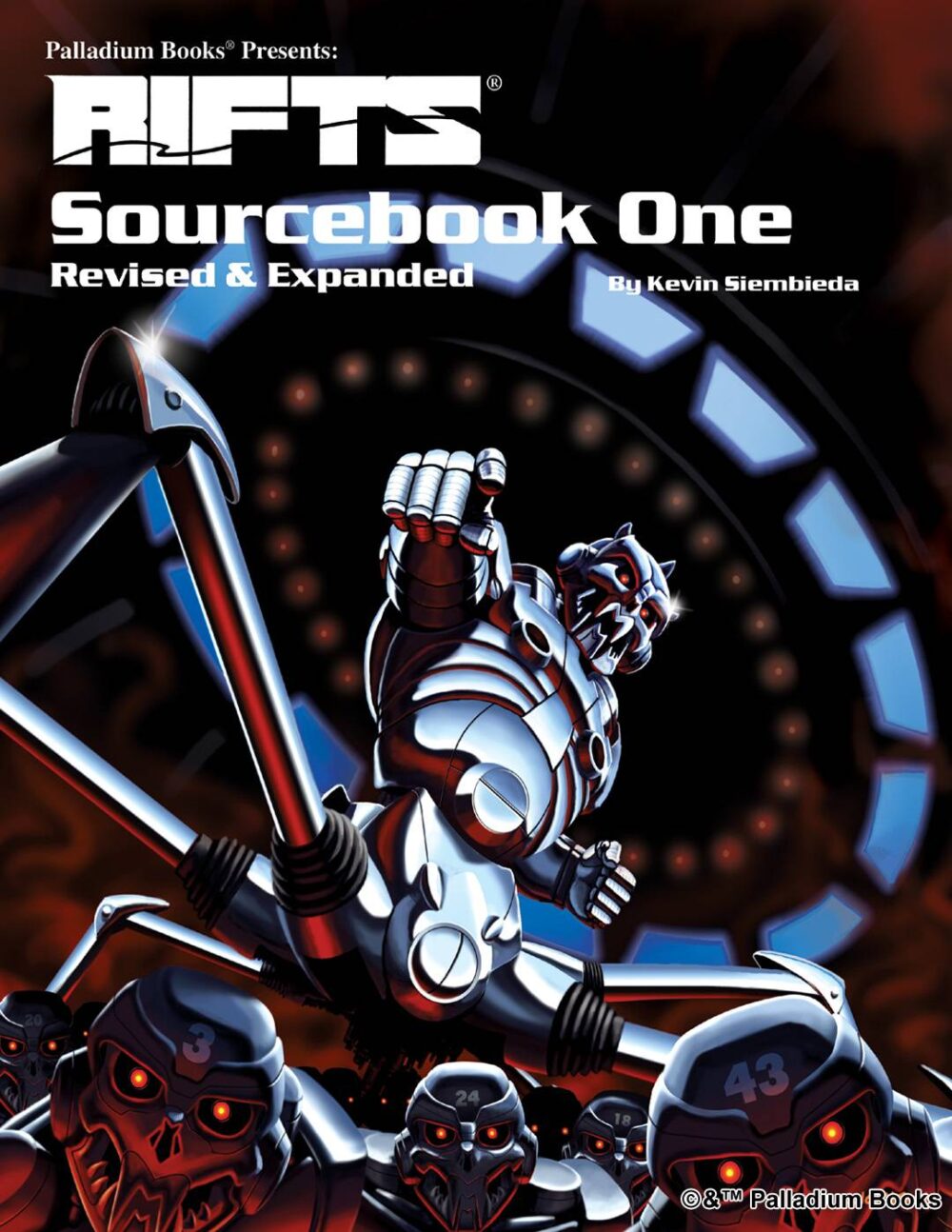 the cover for Rifts Sourcebook 1, revised and expanded, shows the machine army of Archie 3 on the way to attack