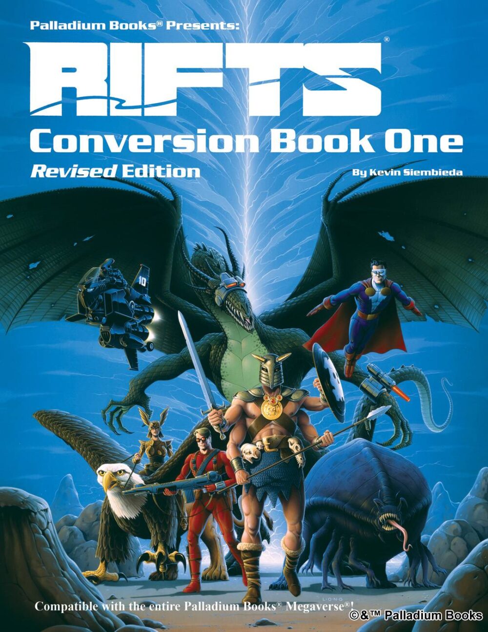 the cover for Rifts Conversion Book 1, Revised, shows a collection of palladium and rifts heroes and villains emerging from a rift