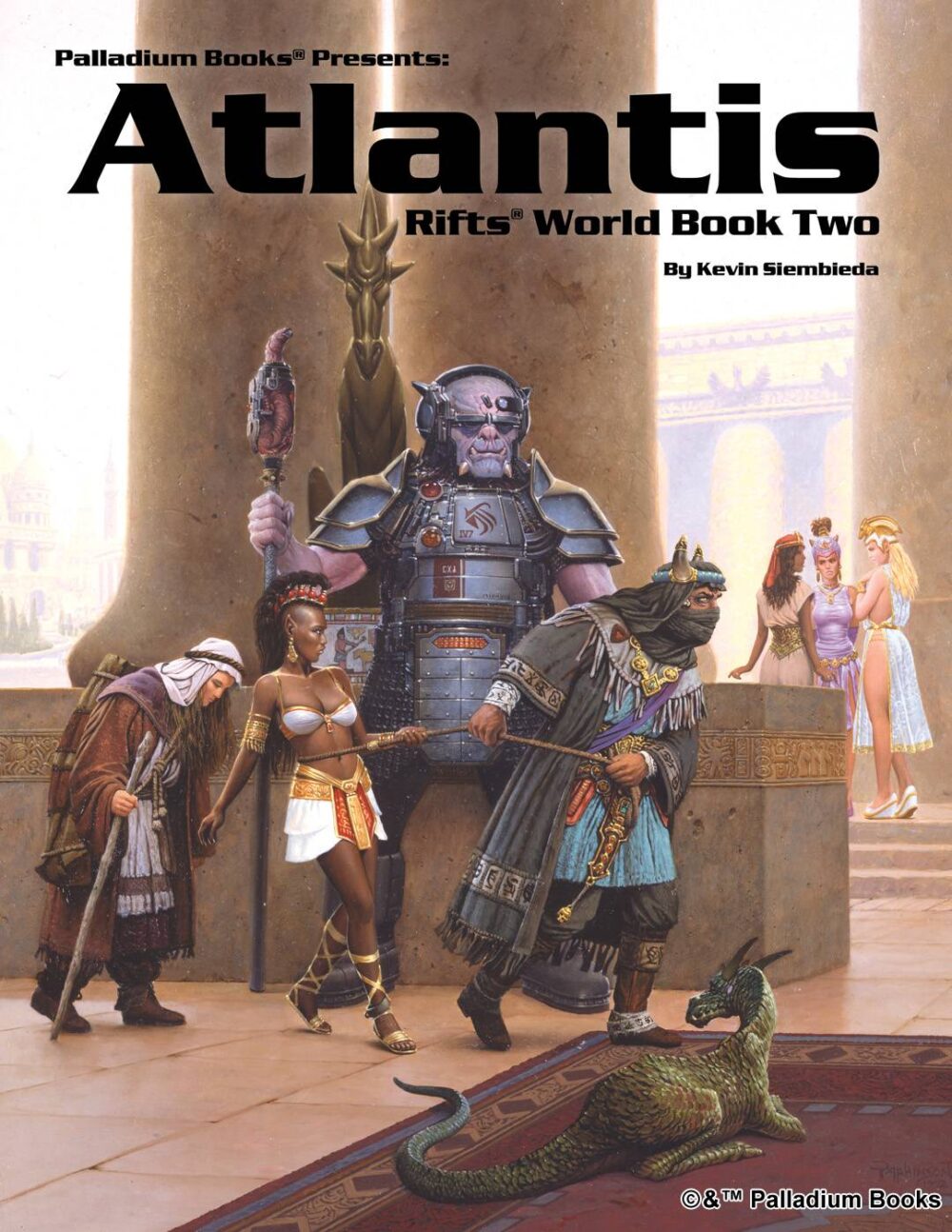 the cover for Rifts world book 2, Atlantis, shows the capital city of Atlantis, Splynn, where a man is leading a chained slave woman past a Kydian overlord