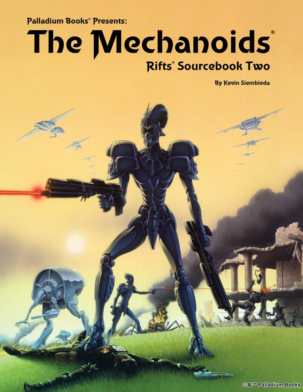 the cover for Rifts Mechanoids Sourcebook, shows a mechanoids invasion force landing on earth