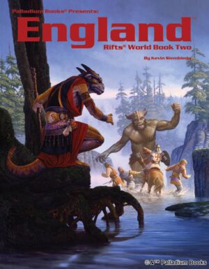 the cover of Rifts world book 3: England, shows a giant attacking a group of knights while a lizard man looks on