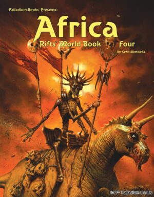 the new cover artwork for Rifts World book 4: africa, shows Death on his mount in front of an orange sky