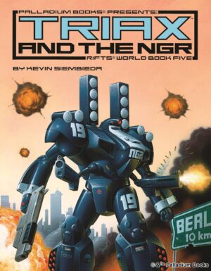 the cover for Rifts world book 5: Triax, shows a triax robot outside the city of Berlin while it's under attack