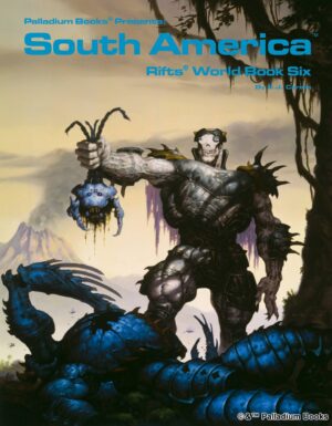 the cover for Rifts world book 6: South America 1, shows an Anti-Monster super being holding up the head of a bug alien, possibly a xiticix