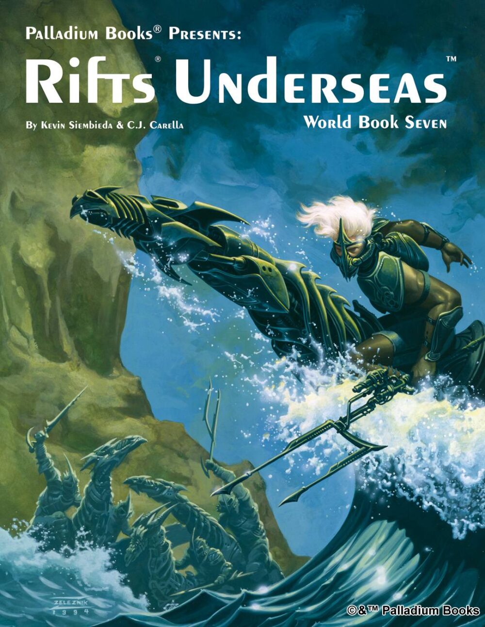 the cover for Rifts world book 7: Underseas, shows a man with a trident gun on a mechanical sea dragon rising out of a wave