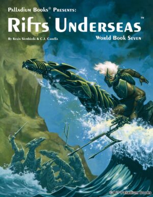 the cover for Rifts world book 7: Underseas, shows a man with a trident gun on a mechanical sea dragon rising out of a wave