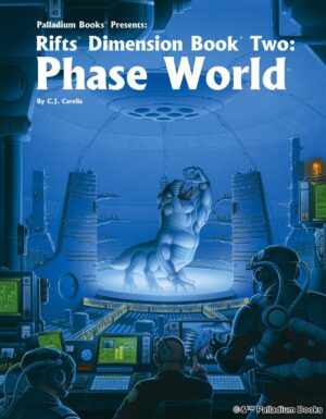 the cover for Rifts dimension book 2: Phase World, shows people monitoring a huge alien beast eating humanoids from inside a city within a super structure