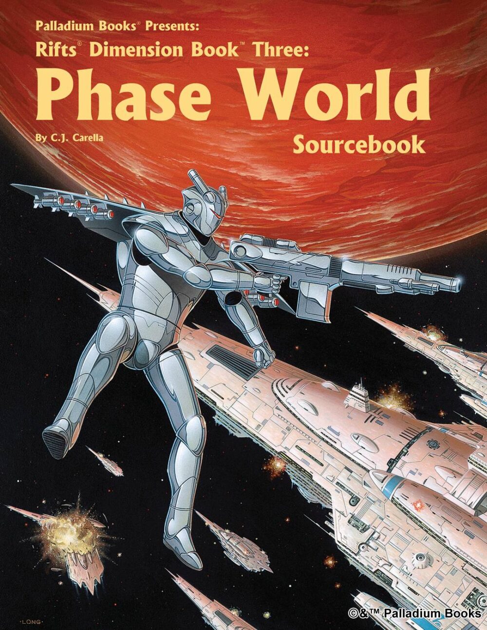 the cover for Rifts Dimension Book 3: Phase World Sourcebook shows a robot floating in space with a big gun, behind it ships float in orbit of a red planet