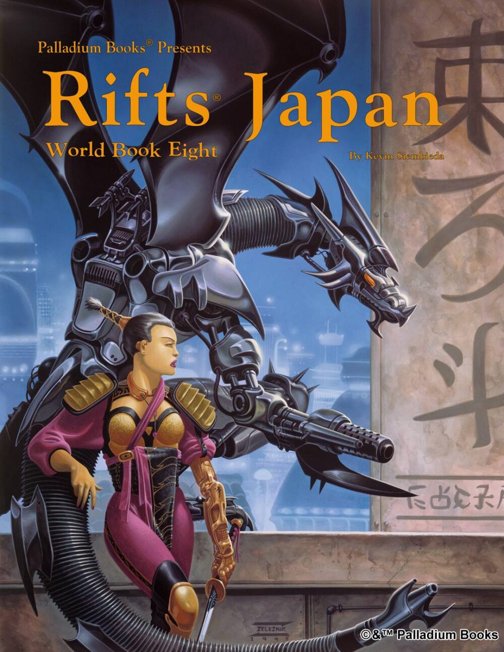 the cover for Rifts world book 8: Japan, shows a woman and dragon borg overseeing a city