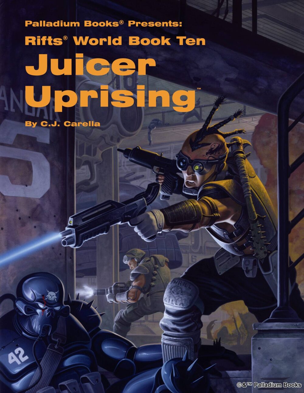 the cover for Rifts world book 10 Juicer Uprising, shows a juicer running through city streets shooting coalition troops with his laser rifle