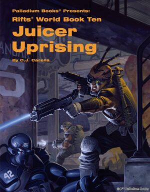 the cover for Rifts world book 10 Juicer Uprising, shows a juicer running through city streets shooting coalition troops with his laser rifle