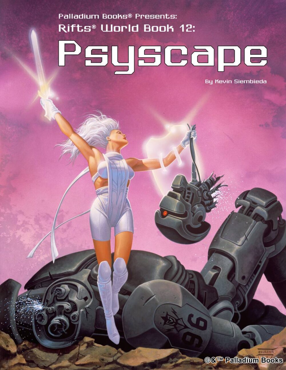 the cover of Rifts world book 12 Psyscape, shows a woman with a psi-sword and psi-shield holding up the head of a robot she just removed from its body