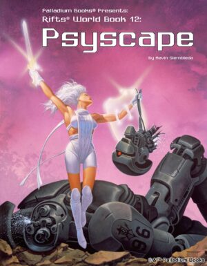 the cover of Rifts world book 12 Psyscape, shows a woman with a psi-sword and psi-shield holding up the head of a robot she just removed from its body