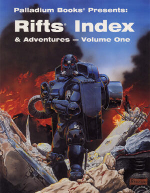 the cover of Rifts index and adventures volume 1, it shows a coalition samas surrounded by destruction