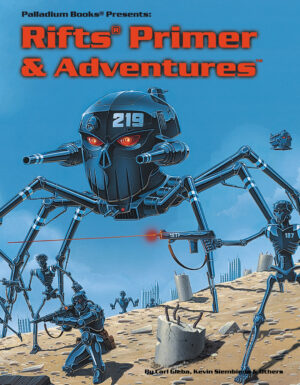 cover of Rifts primar and adventures, it shows a coalition states skull walker, soldiers, and skelebots in a battle