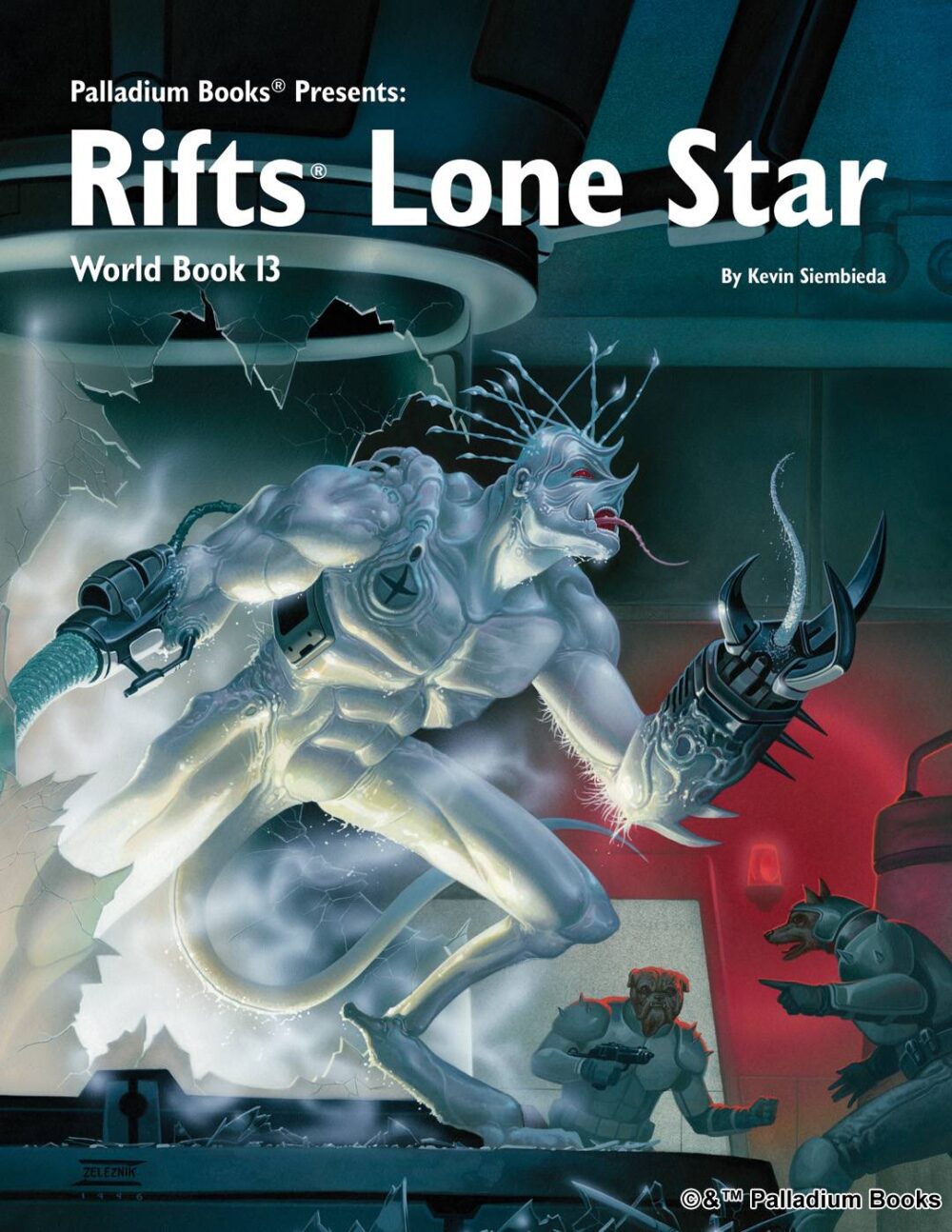 the cover of Rifts world book 13 Lone Star, shows a xiticix killer breaking out of its test tube