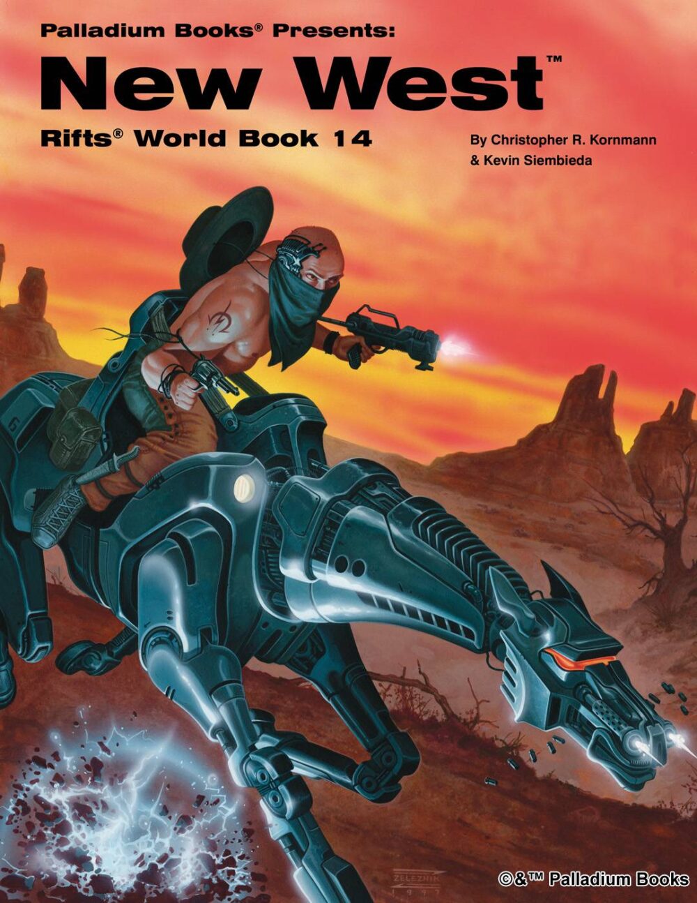 the cover of Rifts world book 14 New West, shows a bandit on a cyber horse