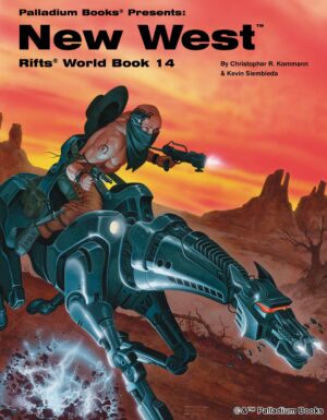 the cover of Rifts world book 14 New West, shows a bandit on a cyber horse