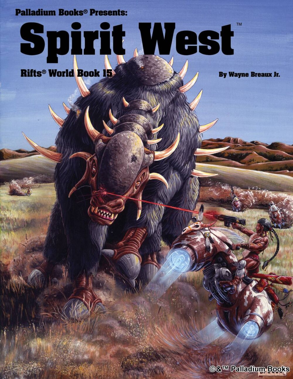 the cover of Rifts world book 15 Spirit West, shows a native american warrior on a hover cycle attacking a huge spiked buffalo-like beast