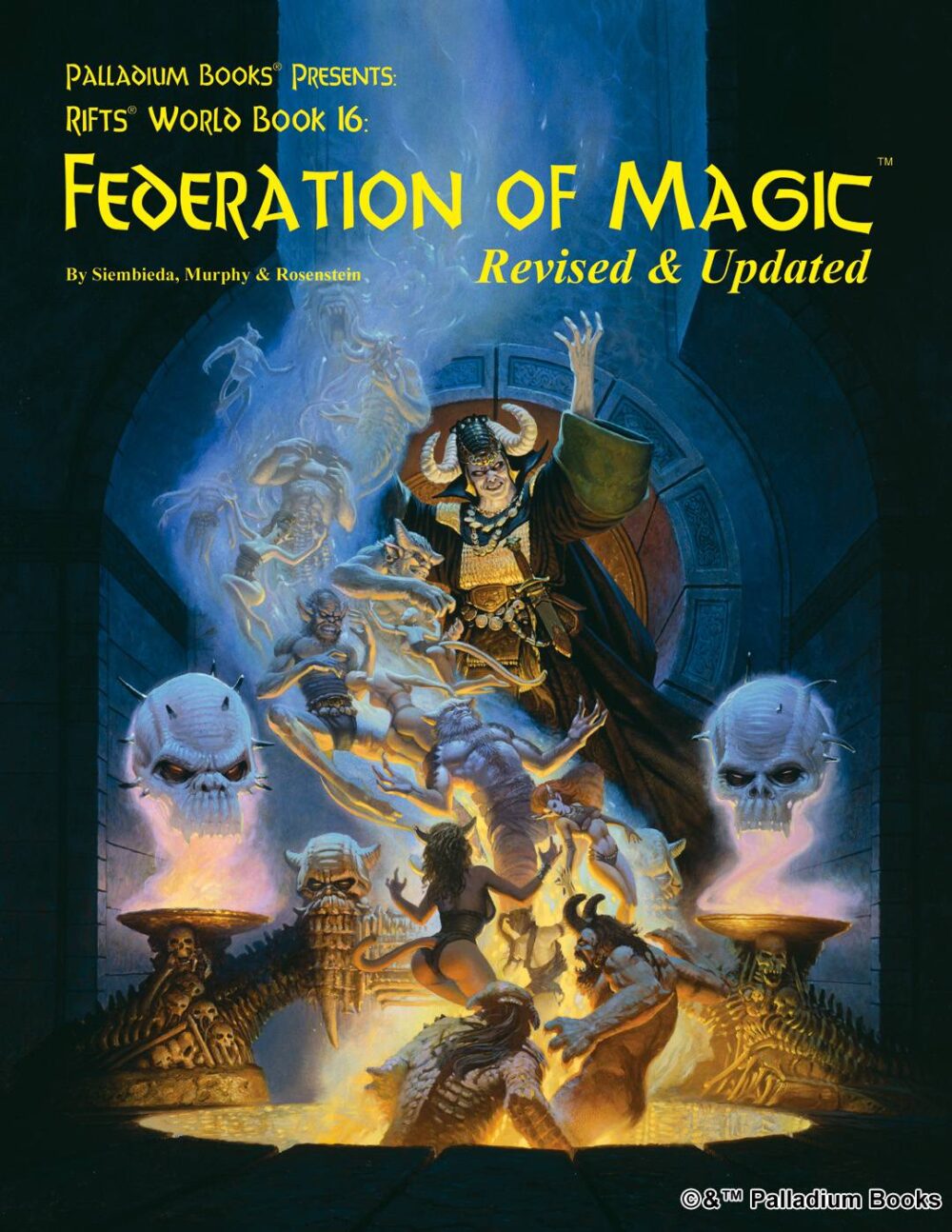 the cover of Rifts world book 16 Federation of Magic, shows an evil summoner summoning demons from a pit