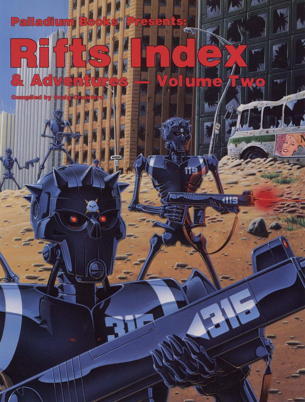 The cover of rifts index volume 2, it features coalition states skelebots in a destroyed city