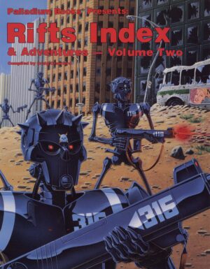 The cover of rifts index volume 2, it features coalition states skelebots in a destroyed city