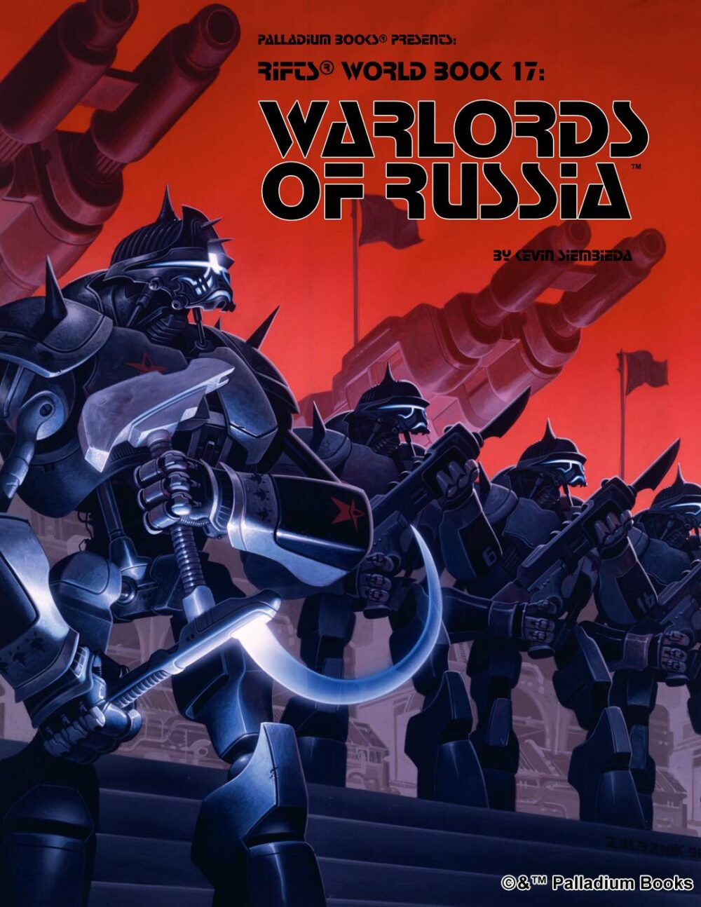 the cover of Rifts world book 17 Warlords of Russia, shoes a lineup of robots and canons at parade readiness