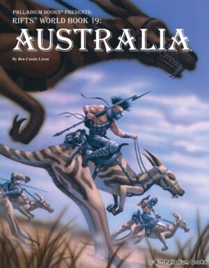 the cover of Rifts world book 19 Australia, shows mercenaries riding evolved kangaroos