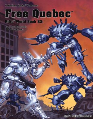 the cover for Rifts world book 22 Free Quebec, shows coalition glitter boy killer power armor attacking a glitter boy