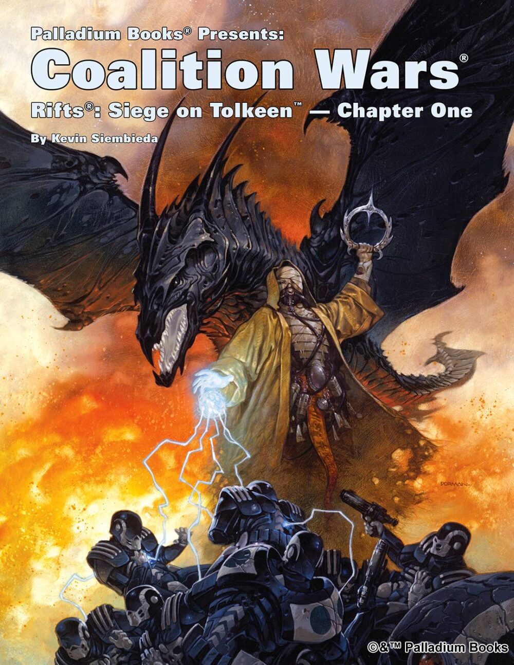 the cover of Rifts Coalition Wars 1 Siege on Tolkeen Sedition, shows a sorcerer shocking coalition troops with a dragon breathing fire behind him