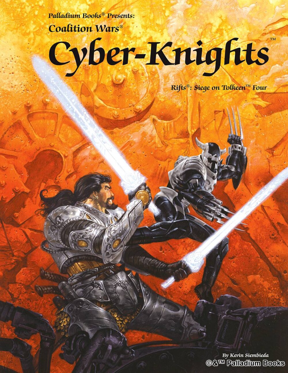 the cover for Rifts coalition wars 4 Cyber-Knights, shows a cyber knight with two swords fighting a coalition juicer