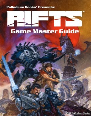 the cover of Rifts Game Master Guide, shows adventurers and coalition troops and a dragon in the middle of a battle