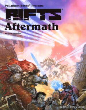 the cover of Rifts Coalition Wars 7 Aftermath, shows aliens, cyber knights, and mages attacking coalition troops