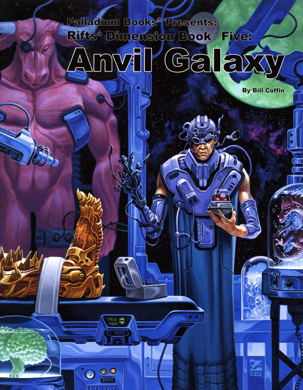 the cover of Rifts Dimension Book 5 Anvil Galaxy, it shows an alien scientist with the body of a minotaur behind him and another body on a table beside him