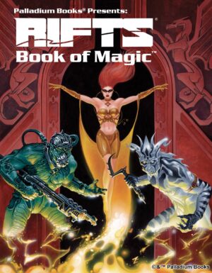 the cover of Rifts Book of Magic shows a woman summoning two demons in front of large red doors