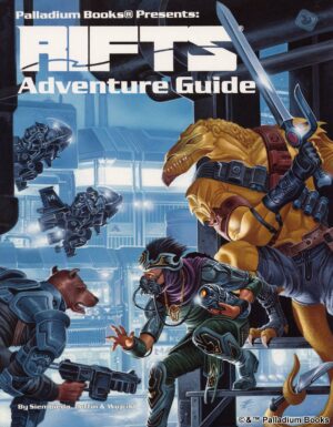 the cover of Rifts Adventure Guide, shows several aliens and dog boys avoiding a coalition patrol on sky cycles