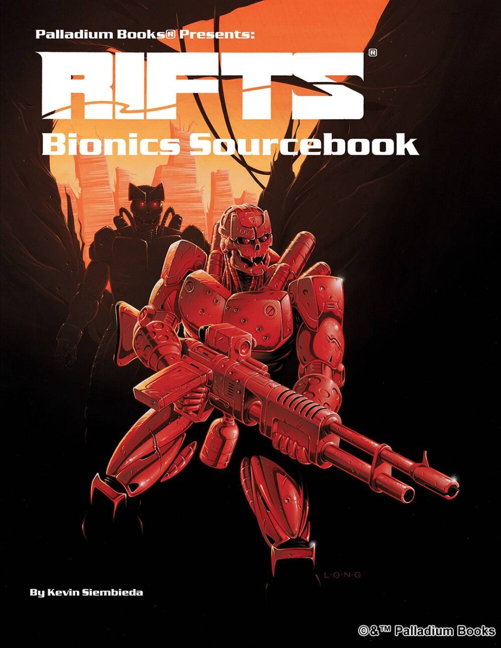 the cover of Rifts Bionics Sourcebook, shows two borgs picking through a ruined city