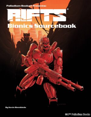 the cover of Rifts Bionics Sourcebook, shows two borgs picking through a ruined city