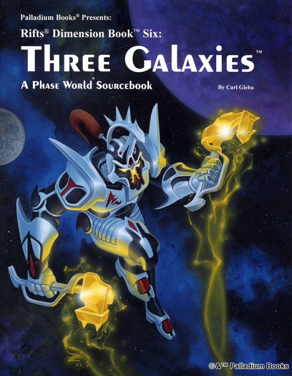 the cover of Rifts Dimension Book 6 Three Galaxies, shows a cosmo knight in space with two glowing yellow hammers