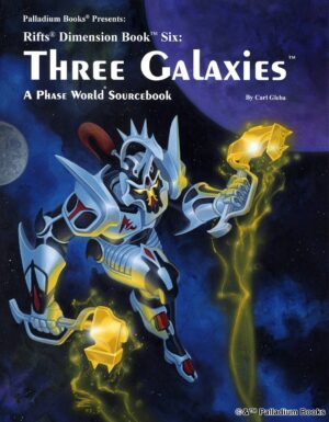 the cover of Rifts Dimension Book 6 Three Galaxies, shows a cosmo knight in space with two glowing yellow hammers