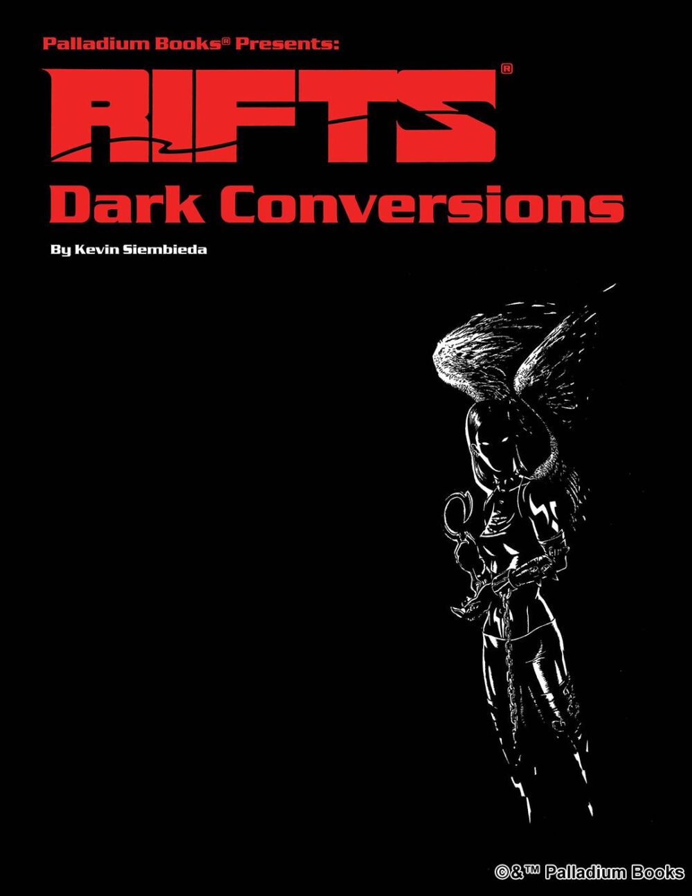 the cover of Rifts conversion book 3: Dark Conversions, shows a black cover with the lit silhouette of an angel